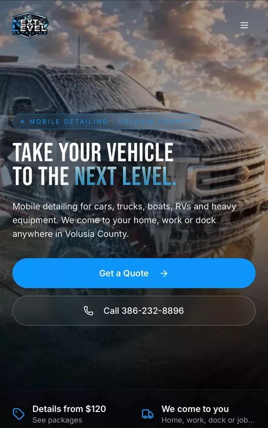 Next Level Detailing homepage on a phone